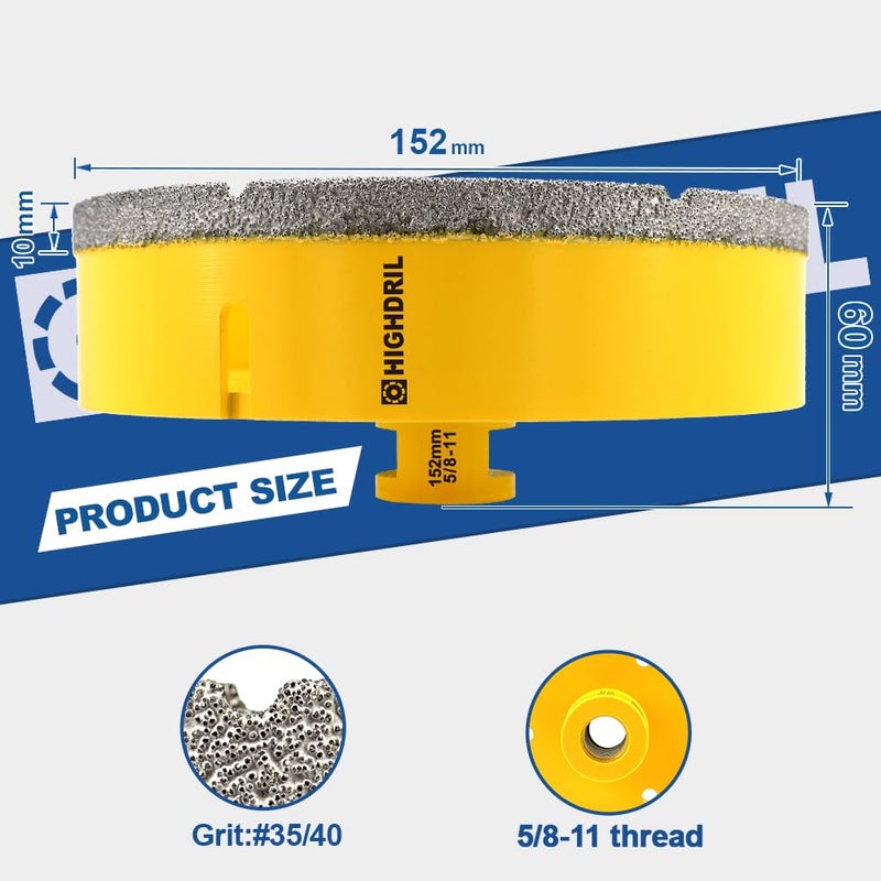 HIGHDRIL Diamond Core Drill Bit - 6"(152mm) with 5/8-11 Thread Dry Drilling for Porcelain Tile Ceramic Granite Marble Stone Masonry Brick - Image 2